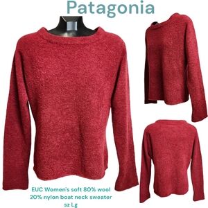 Patagonia Women's soft wool blend scoop neck sweater burgundy red raw edge L